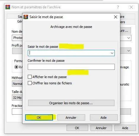 définir mot de passe winrar