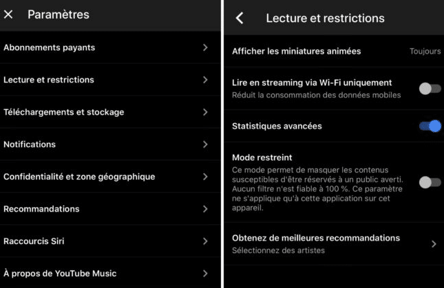 configuration des statistiques avancées sur Youtube Music