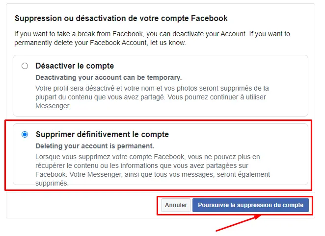 supprimer définitivement le compte facebook
