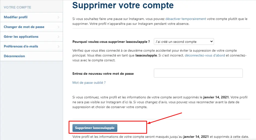 supprimer son compte instagram