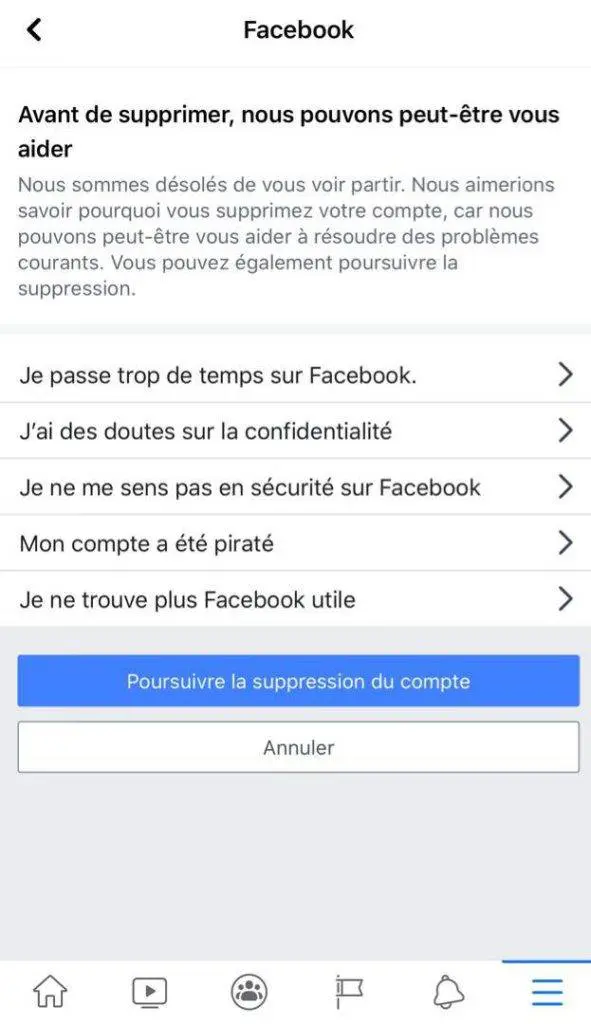 poursuivre la suppression du compte Facebook sur téléphone